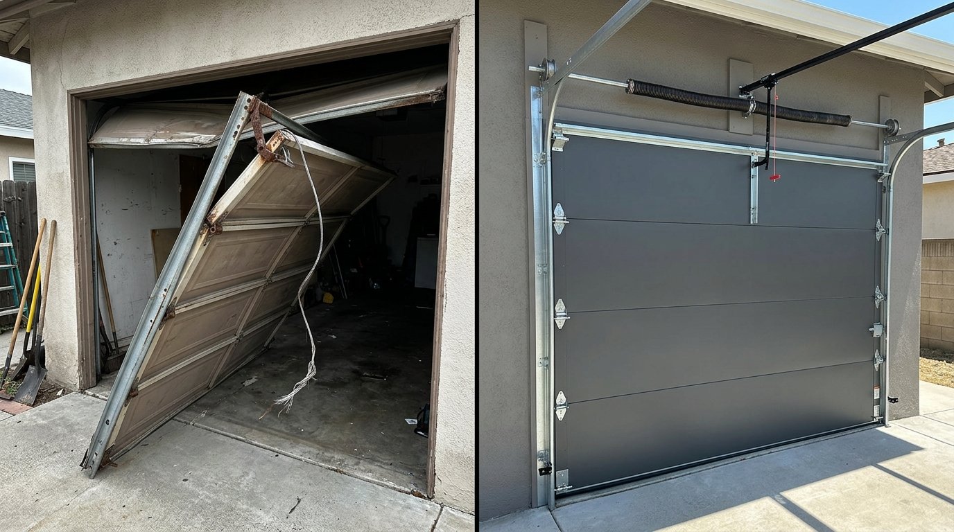Before and after off track garage door repair in Midland TX