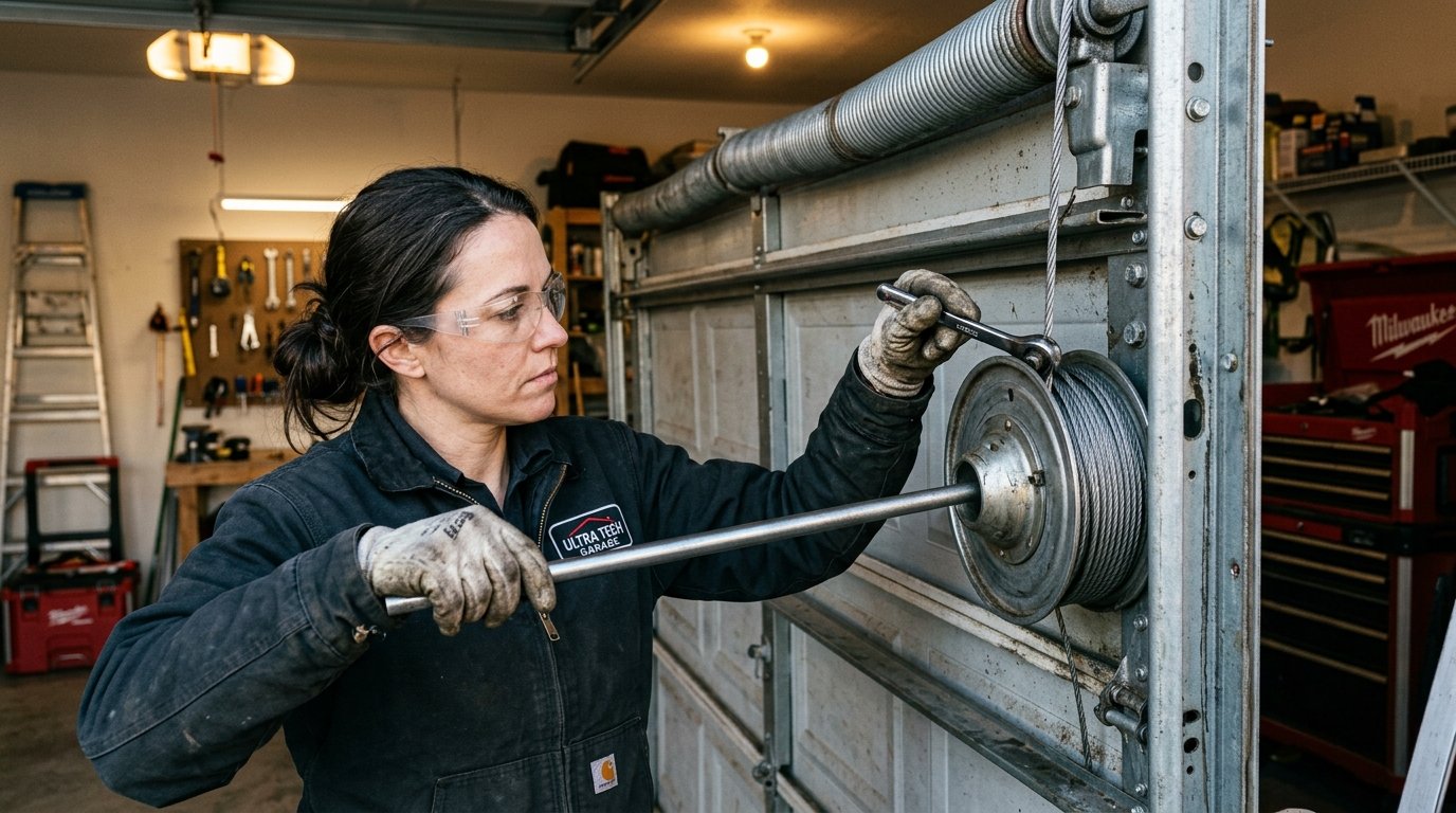 Technician repairing high tension garage door cable in Midland TX