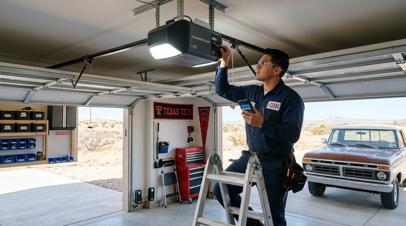 Technician repairing smart garage door opener in West Texas